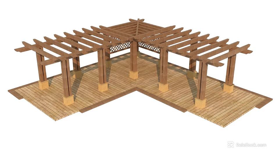 Wooden Outdoor Pergola Open Structure With Pillars Lattice Roof And Wooden Patio Floor 3d model 