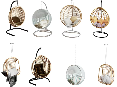 Various Stylish Hanging Chairs With Wicker Transparent Egg Shaped Design And Stand 3d model