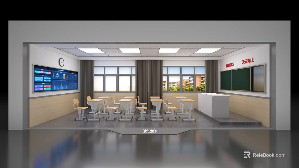 Modern School Classroom With Desks Chairs Smart Screen Blackboard Clock And Windows 3d model