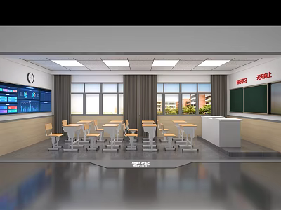 Modern School Classroom With Desks Chairs Smart Screen Blackboard Clock And Windows 3d model