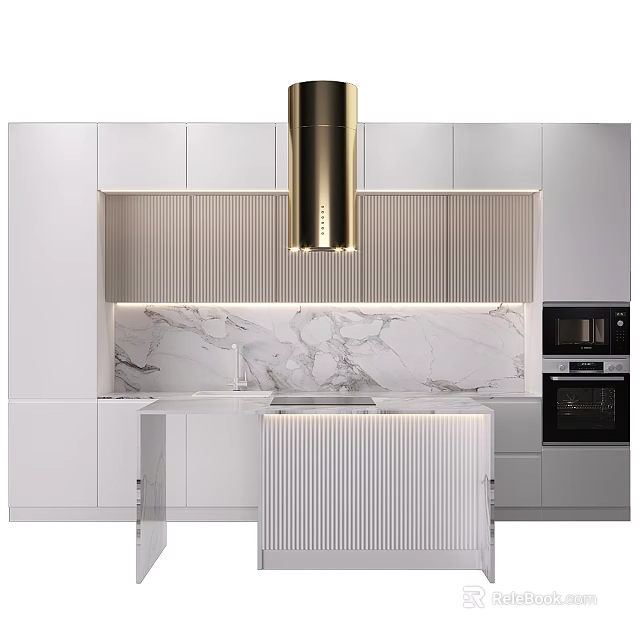 Modern White Kitchen Cabinets With Marble Countertop And Brass Range Hood 3d model