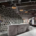 Industrial Style Hotpot Restaurant Interior With Brick Walls Hanging Lamps And Dining Tables