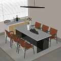 Modern Dining Table Set With White Table And Brown Chairs And Decorative Vase 3d model