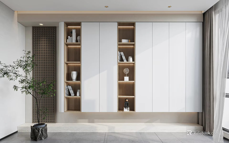 Stylish Modern Bookcase With White Wooden Finish Open Closed Compartments Books Decorative Vases And Ornaments 3d model 
