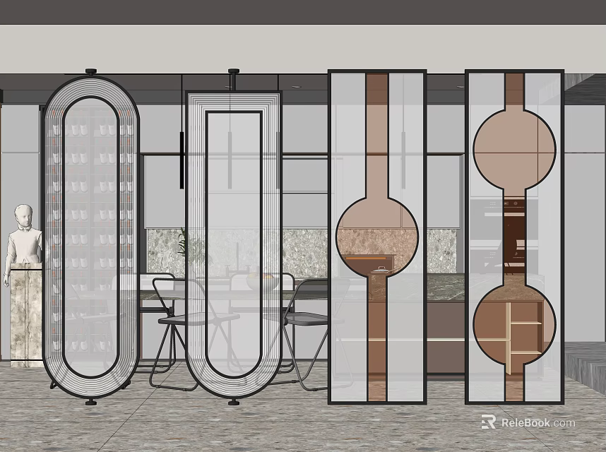 Modern Room Dividers With Geometric Patterns And Transparent Panels For Interior Space 3d model 