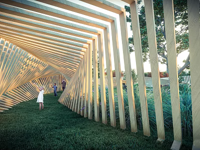 Wooden Pergola Linear Striped Design In Outdoor Garden With Green Grass Trees And People Walking 3d model