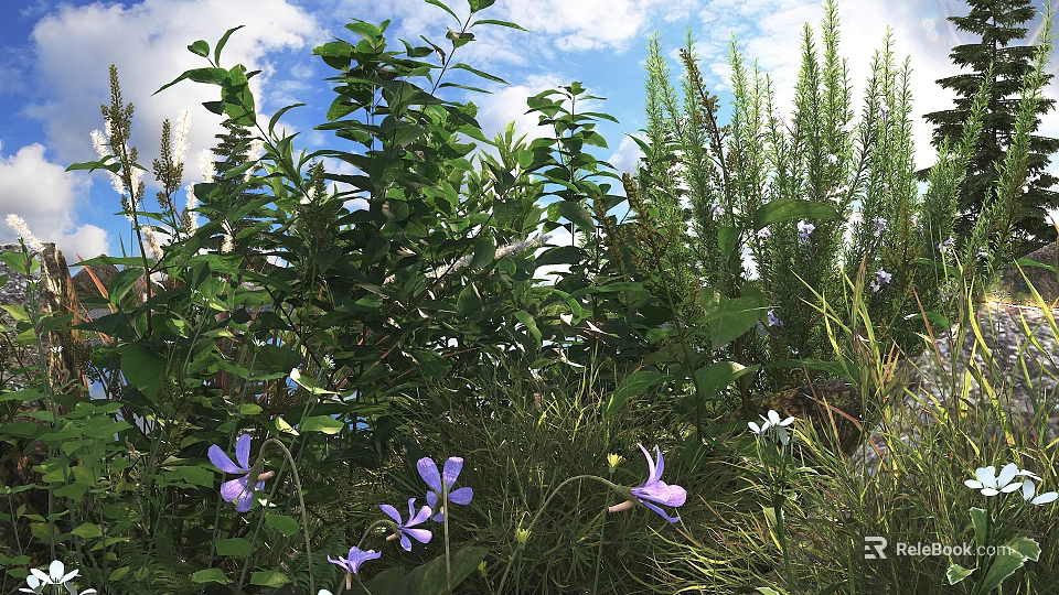 Lush Shrubs With Green Leaves And Purple Flowers Growing Under Blue Sky With Herbs 3d model 