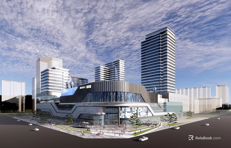 Modern Commercial Complex With High Rise Buildings Glass Facade And Urban Pedestrian Areas 3d model 