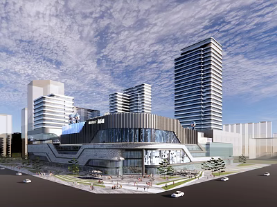 Modern Commercial Complex With High Rise Buildings Glass Facade And Urban Pedestrian Areas 3d model