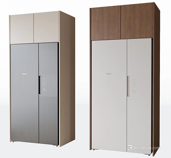 Stylish Modern Refrigerator Freezer with Silver Beige and White Wooden Double Door Design 3d model 