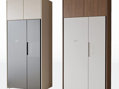Stylish Modern Refrigerator Freezer with Silver Beige and White Wooden Double Door Design 3d model