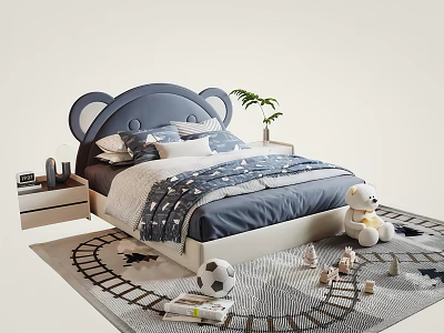 Dark Blue Kids Bed with Bear Ear Headboard Pillows Teddy Bear Soccer Ball Train Track 3d model