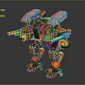 Game Movie Character Orange And Teal Mech Robot With Dual Weapons And Mechanical Structure