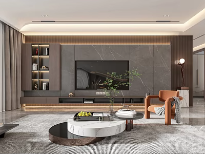 Modern Living Room Interior With Marble TV Wall Orange Chair Coffee Table And Green Plant 3d model