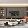 Modern Living Room Interior With Marble TV Wall Orange Chair Coffee Table And Green Plant