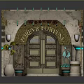 Entrance Gate with Archway Double Doors Wall Lamps and Plant Decorations in Stone Structure