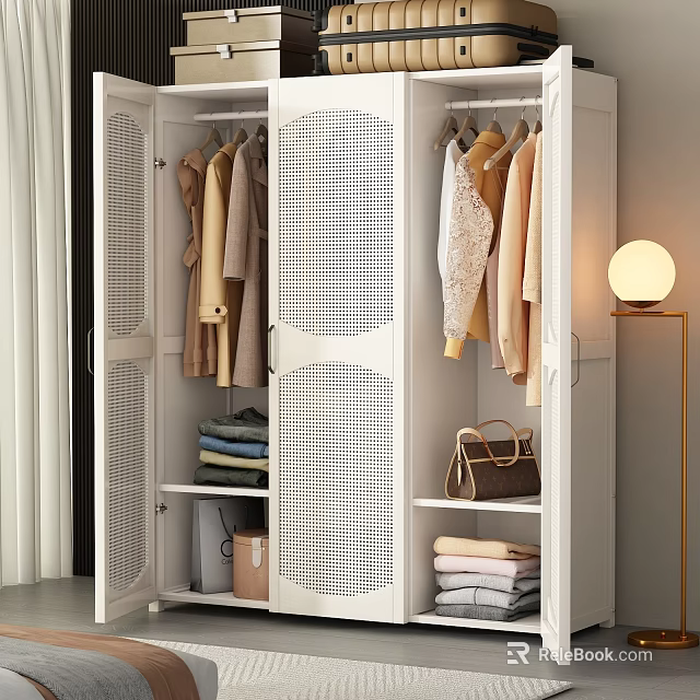Stylish Clothes Hangers in White Wardrobe with Perforated Doors Holding Folded Clothes and Handbag 3d model 