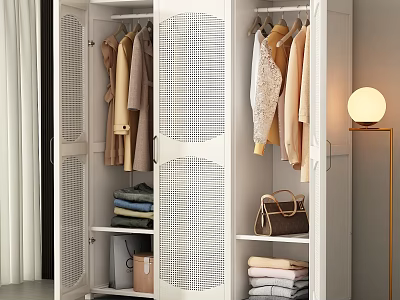 Stylish Clothes Hangers in White Wardrobe with Perforated Doors Holding Folded Clothes and Handbag 3d model