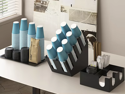 Organized Stacked Coffee Cups with Blue Lids in Black Holder on White Table 3d model