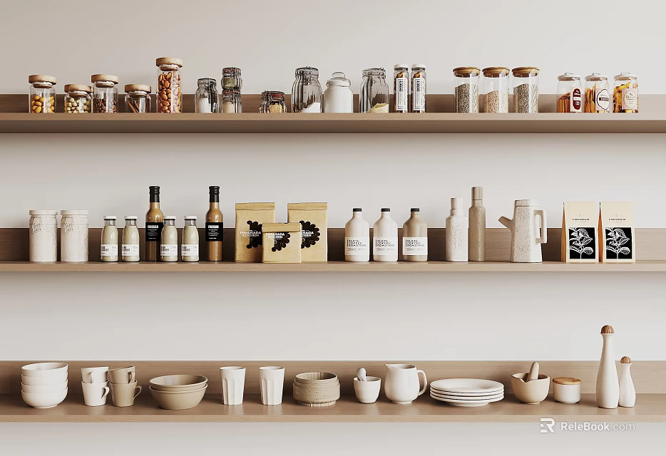 Organized Spice Bottles on Kitchen Shelves with Glass Jars and Ceramic Tableware 3d model 