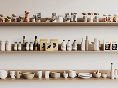 Organized Spice Bottles on Kitchen Shelves with Glass Jars and Ceramic Tableware 3d model