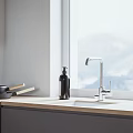 Modern Kitchen Sink With Faucet On Wooden Countertop By Window With Mountain View