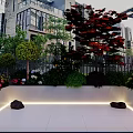 Modern Courtyard Garden Decor With White Flower Bed Red Tree Round Shrubs And Lighting Strips