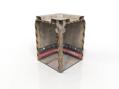 Concrete Structural Component With Yellow Black Warning Stripes Red Curved Sections And Black Cylindrical Elements 3d model