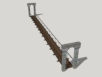 Scenic Landscape Bridge With Stone Towers Wooden Deck And Suspension Design 3d model