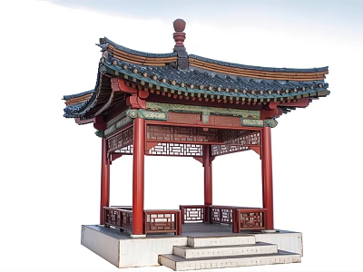 Traditional Chinese Garden Ornament With Red Pillars Blue Green Roof And Carved Railings 3d model