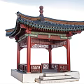 Traditional Chinese Garden Ornament With Red Pillars Blue Green Roof And Carved Railings