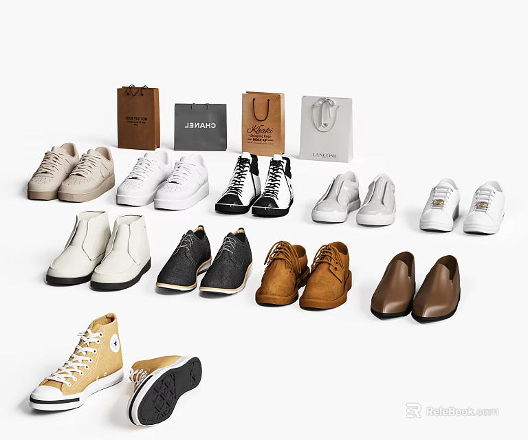Stylish Shoes In Different Styles With Shopping Bags And Various Designs 3d model 