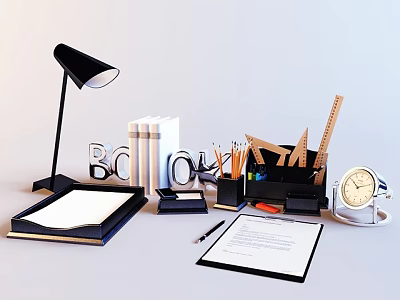 Office Folder With Desk Lamp BIO Books Stationery Alarm Clock And Paper 3d model