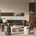 Modern Living Room Interior Design With Leather Sofa Coffee Table Area Rug And Potted Plants