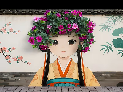 Chinese Scenic Wall with Traditional Costume Girl Flower Crown Ink Plum Bamboo Brick Background 3d model