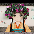 Chinese Scenic Wall with Traditional Costume Girl Flower Crown Ink Plum Bamboo Brick Background