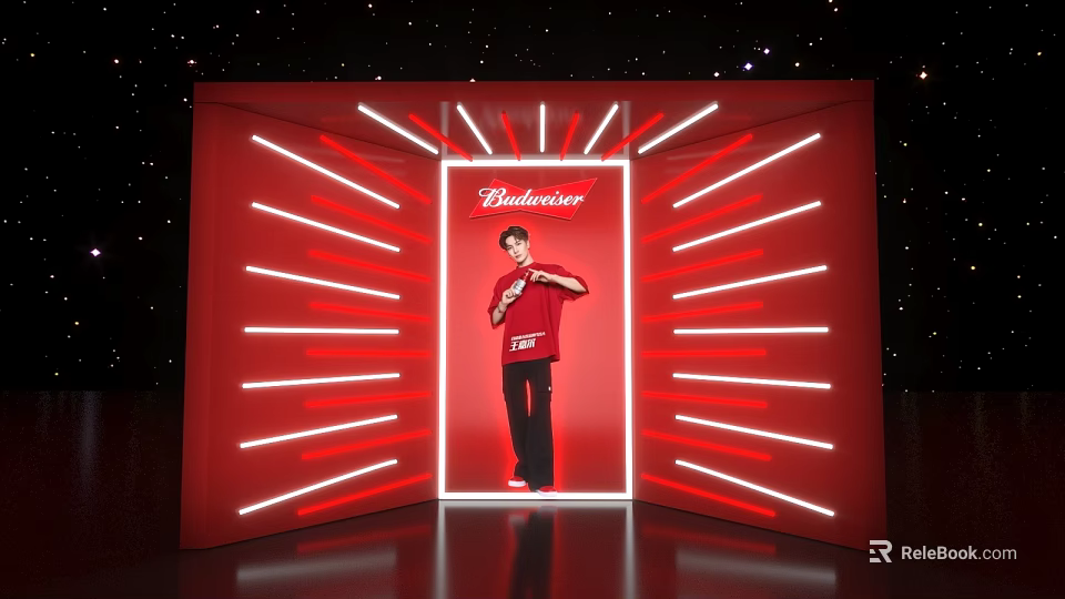 Budweiser Themed Photo Check in Spot With Red Frame And White Neon Lights 3d model 