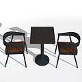 Square Dark Wood Dining Table Set With Two Black Frame Chairs And Brown Seats