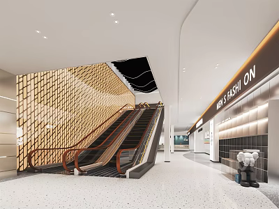 Modern Shopping Mall Lobby With Escalator Wooden Lattice Wall And Fashion Signage 3d model