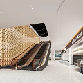 Modern Shopping Mall Lobby With Escalator Wooden Lattice Wall And Fashion Signage
