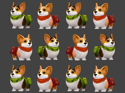 Cute Corgi Stuffed Toys With Green Red Backpacks And Scarves In Grid Arrangement 3d model