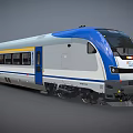 Modern Blue And White High Speed Train With Aerodynamic Front And Passenger Windows