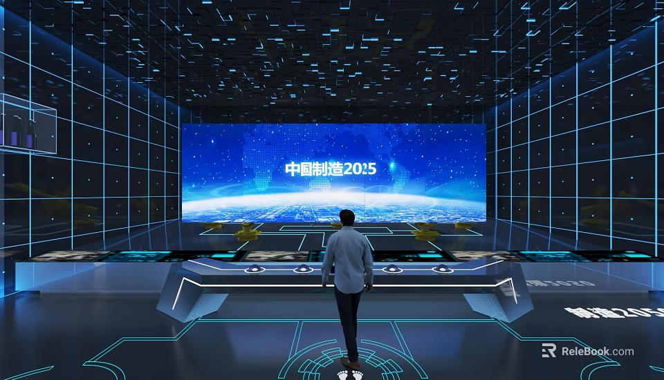 Futuristic Tech Exhibition Hall Featuring Made in China 2025 Digital Display and Control Console 3d model 
