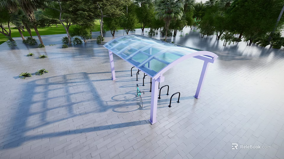 Transparent Canopy Covered Outdoor Bike Parking Area With Green Trees And Paved Ground 3d model 