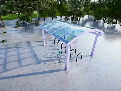 Transparent Canopy Covered Outdoor Bike Parking Area With Green Trees And Paved Ground 3d model