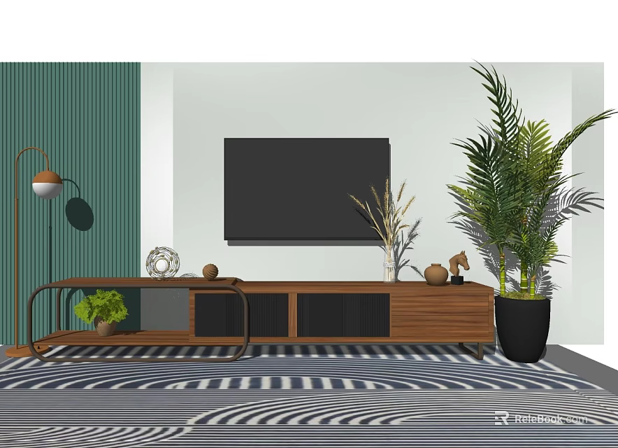Modern Wooden TV Stand With TV Green Plants Decorations Floor Lamp And Striped Rug 3d model 