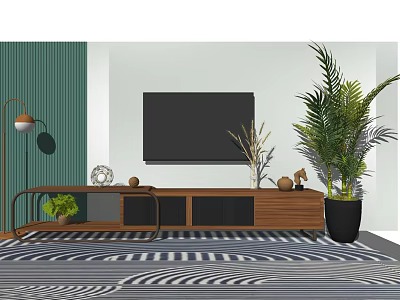 Modern Wooden TV Stand With TV Green Plants Decorations Floor Lamp And Striped Rug 3d model