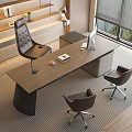 Modern Office Desk with Ergonomic Leather Chairs Notebook Coffee Mug and Wooden Shelf