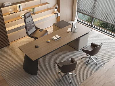Modern Office Desk with Ergonomic Leather Chairs Notebook Coffee Mug and Wooden Shelf 3d model
