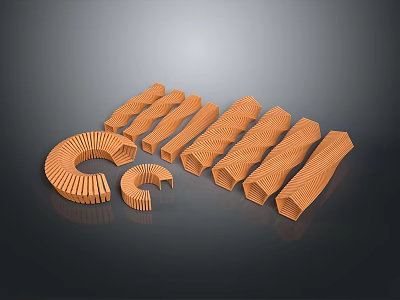Orange Wooden Household Items With Curved Wavy Strip And Tubular Designs 3d model